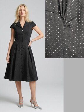Vintage Cotton Polka Dot 60s-Inspired Fit & Flare Dress Black Full Button Front